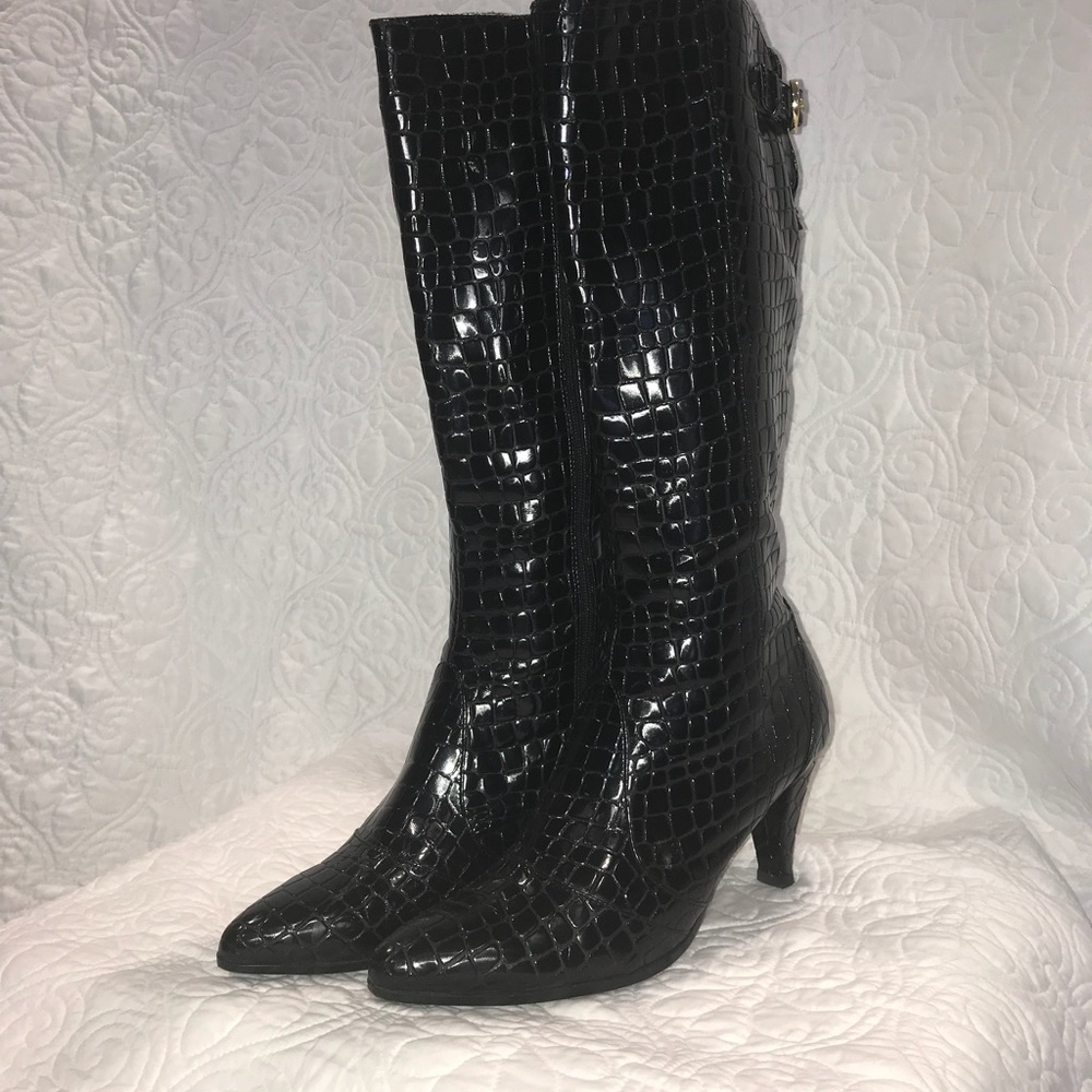 J Renee crocodile black patent leather boots